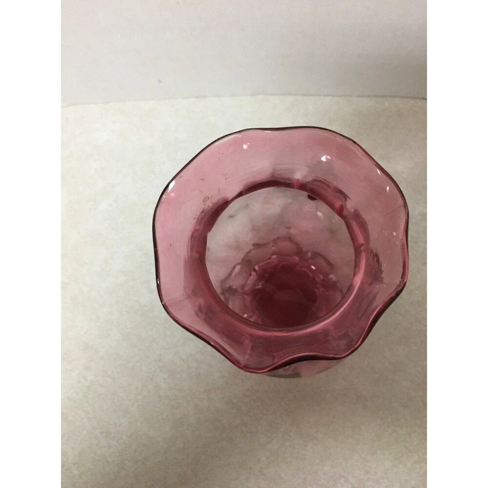 VINTAGE  CRANBERRY GLASS CLEAR PETAL FEET TULIP SHAPE RUFFLED NECK  VASE 4